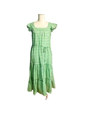 Draper James RSVP Midi Dress Womens S Green Gingham Tiered Cotton Cottagecore